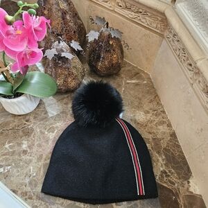 Mitchie's Black Beanie with Fur Pom Pom and Stripe